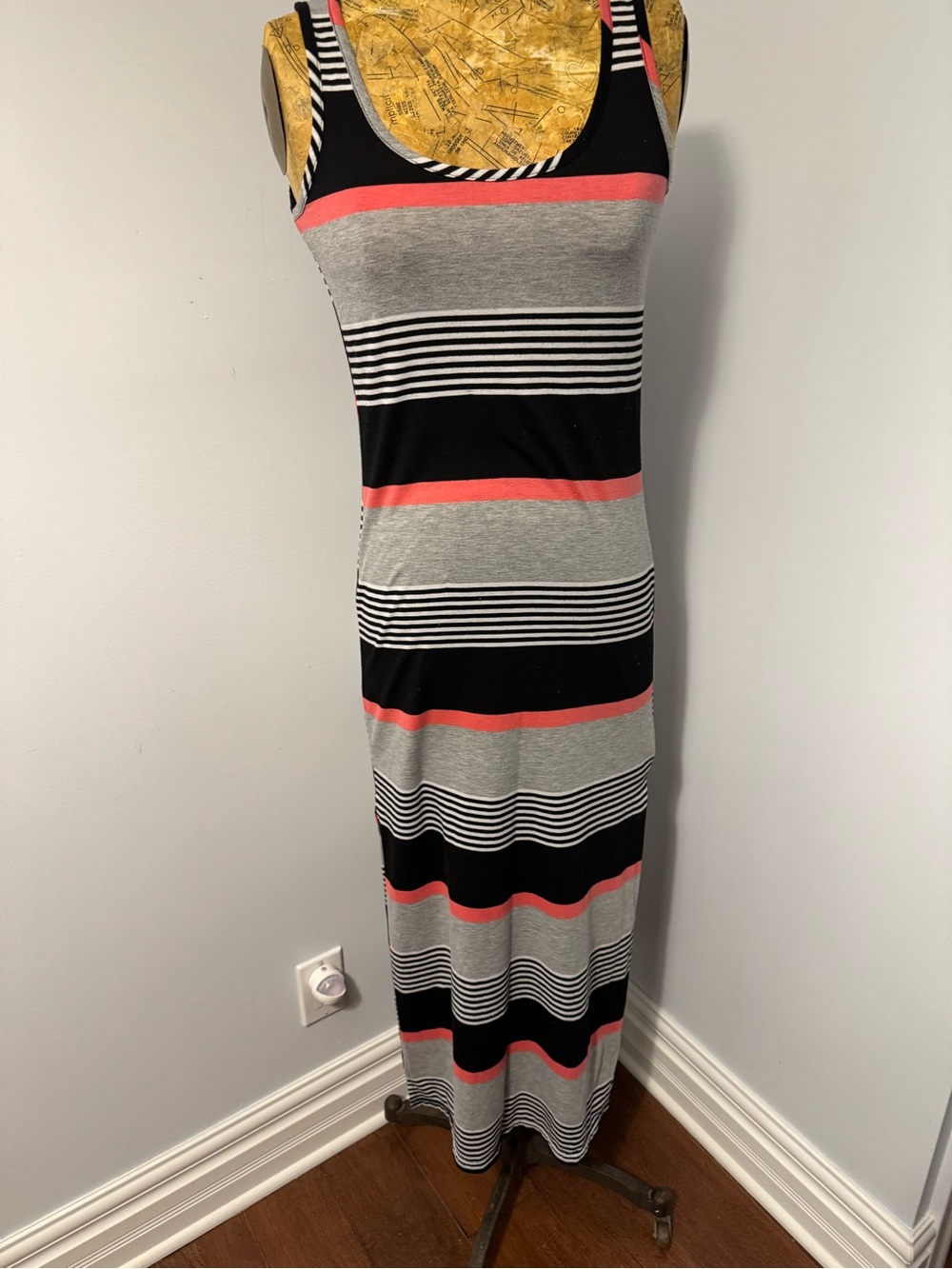 Sleeveless Striped Maxi Dress in Black, Gray & Coral